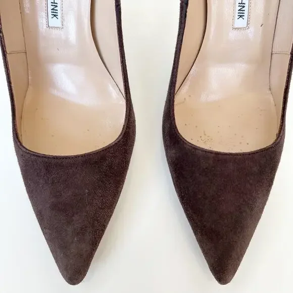 Manolo Blahnik BB Pointed Toe Suede Pumps Chocolate Brown Taupe Size 38.5 - Picture 5 of 15